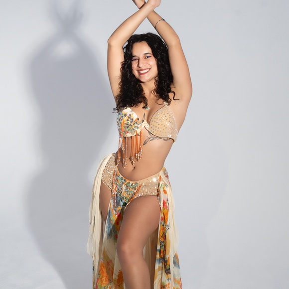 Beautiful Bellydance costume (orange, cream, and blues) - Picture 2 of 2